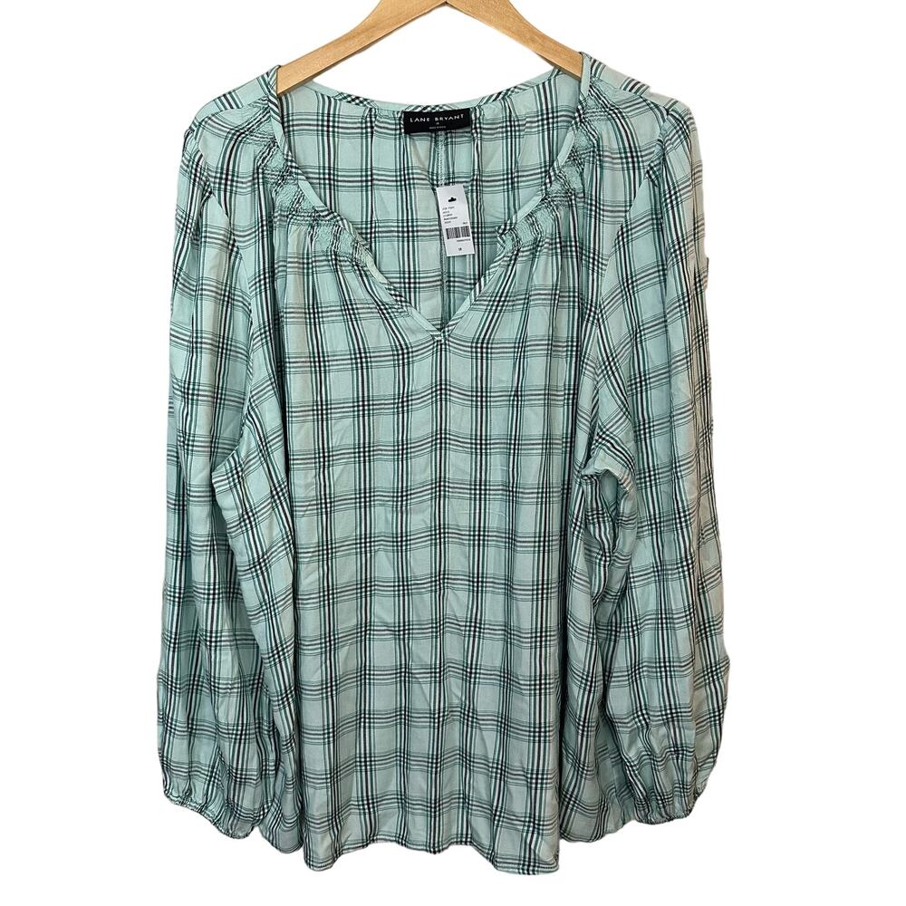 Lane Bryant Classic Long Sleeve Notch Neck Green Plaid Popover Blouse Womens 18